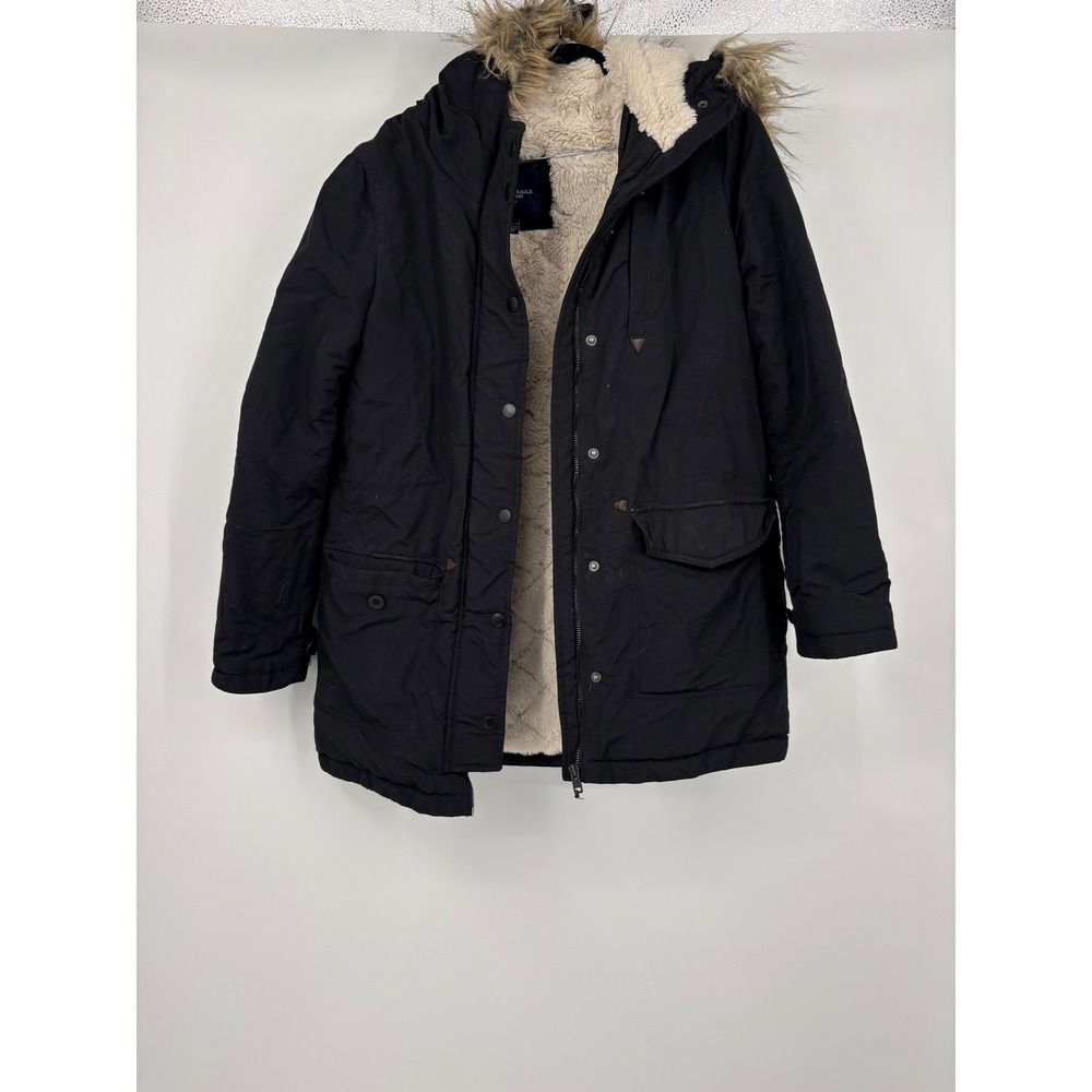 Y2K American Eagle Outfitters Black Sherpa Lined Hooded Parka Jacket Women